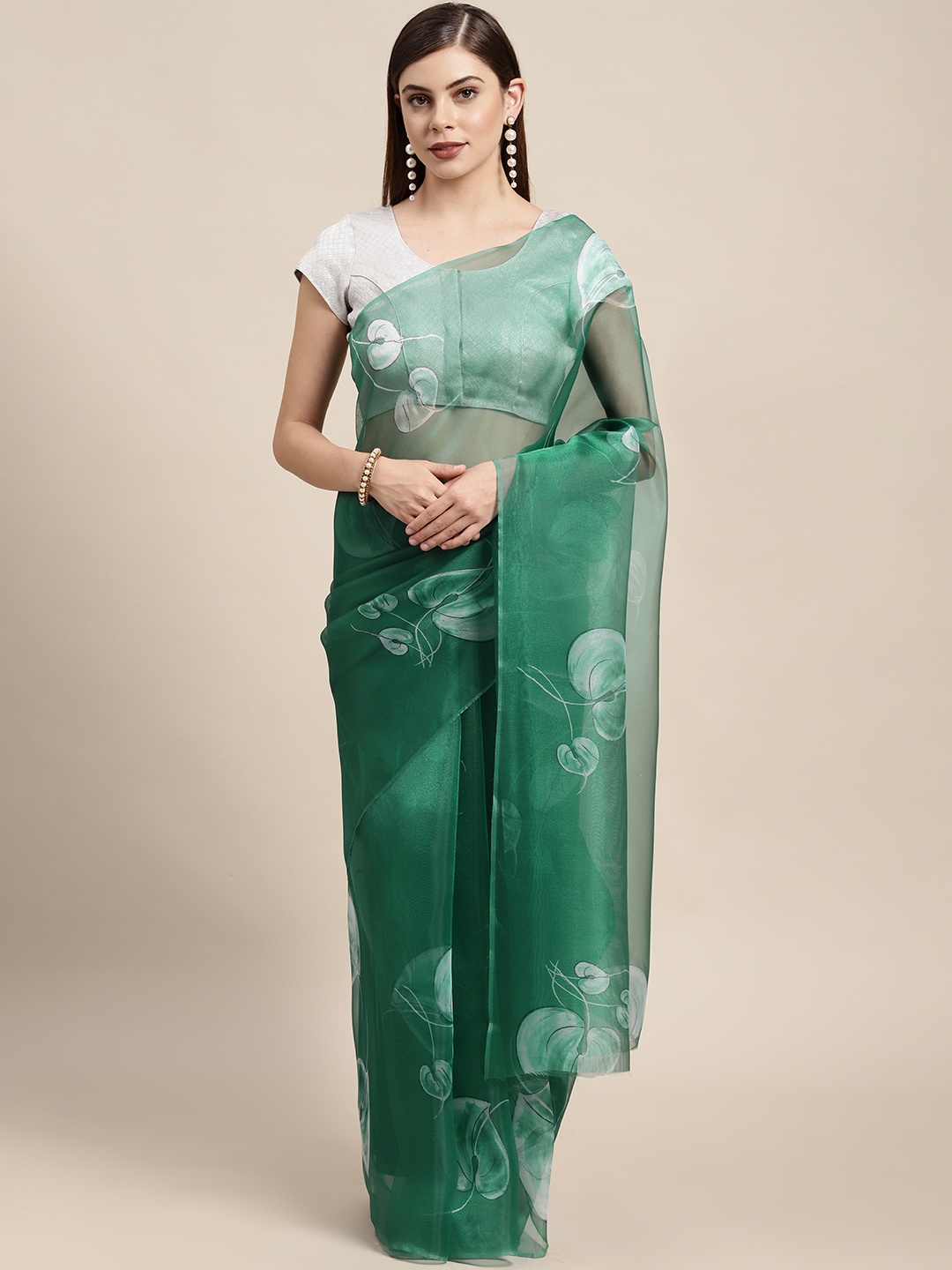 

Mitera Green & White Floral Organza Saree