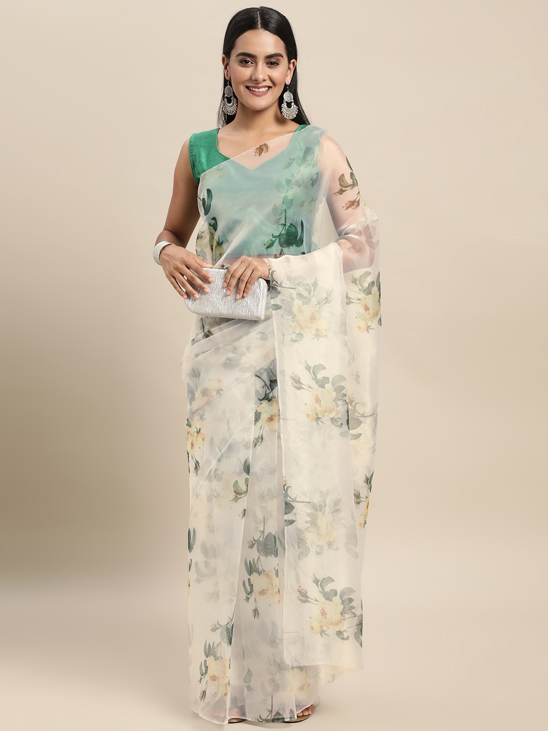 

Mitera White & Green Floral Organza Saree