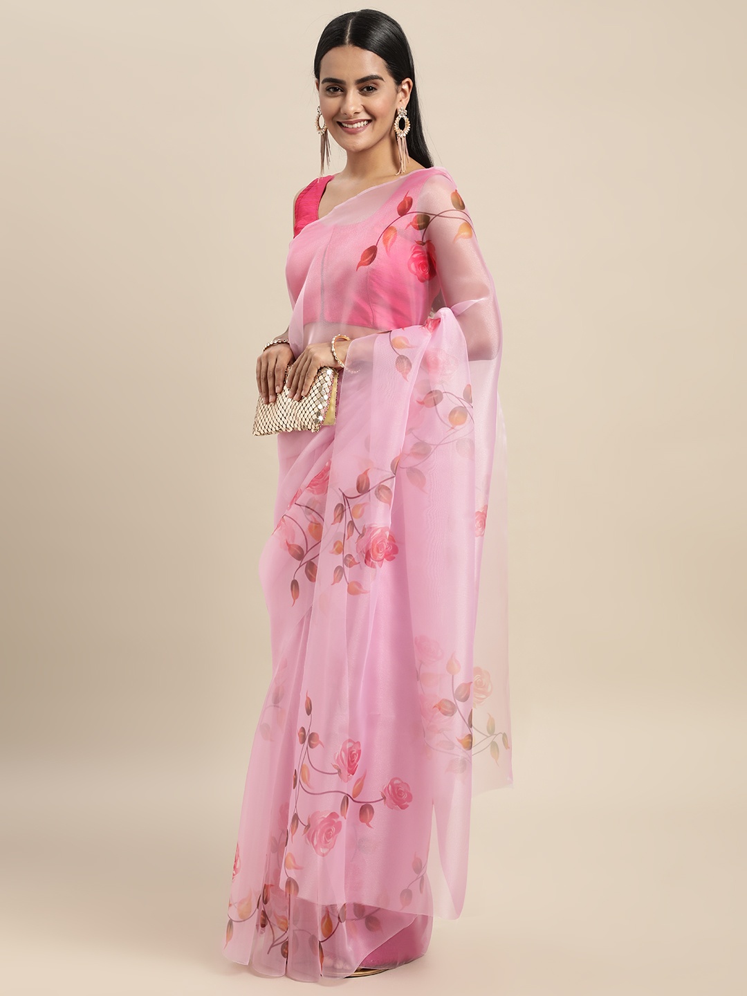 

Mitera Pink Floral Organza Saree