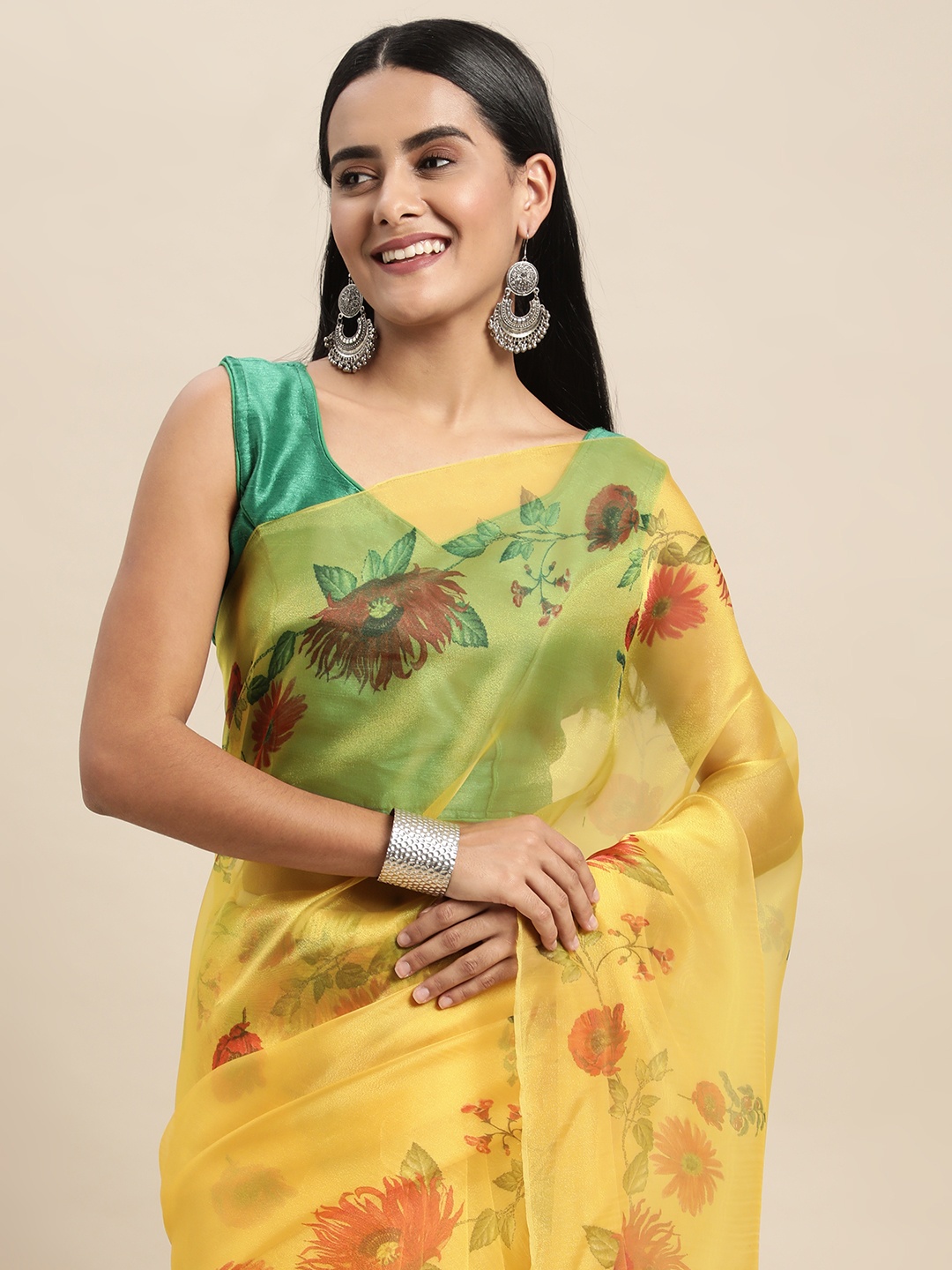 

Mitera Yellow & Green Floral Organza Saree