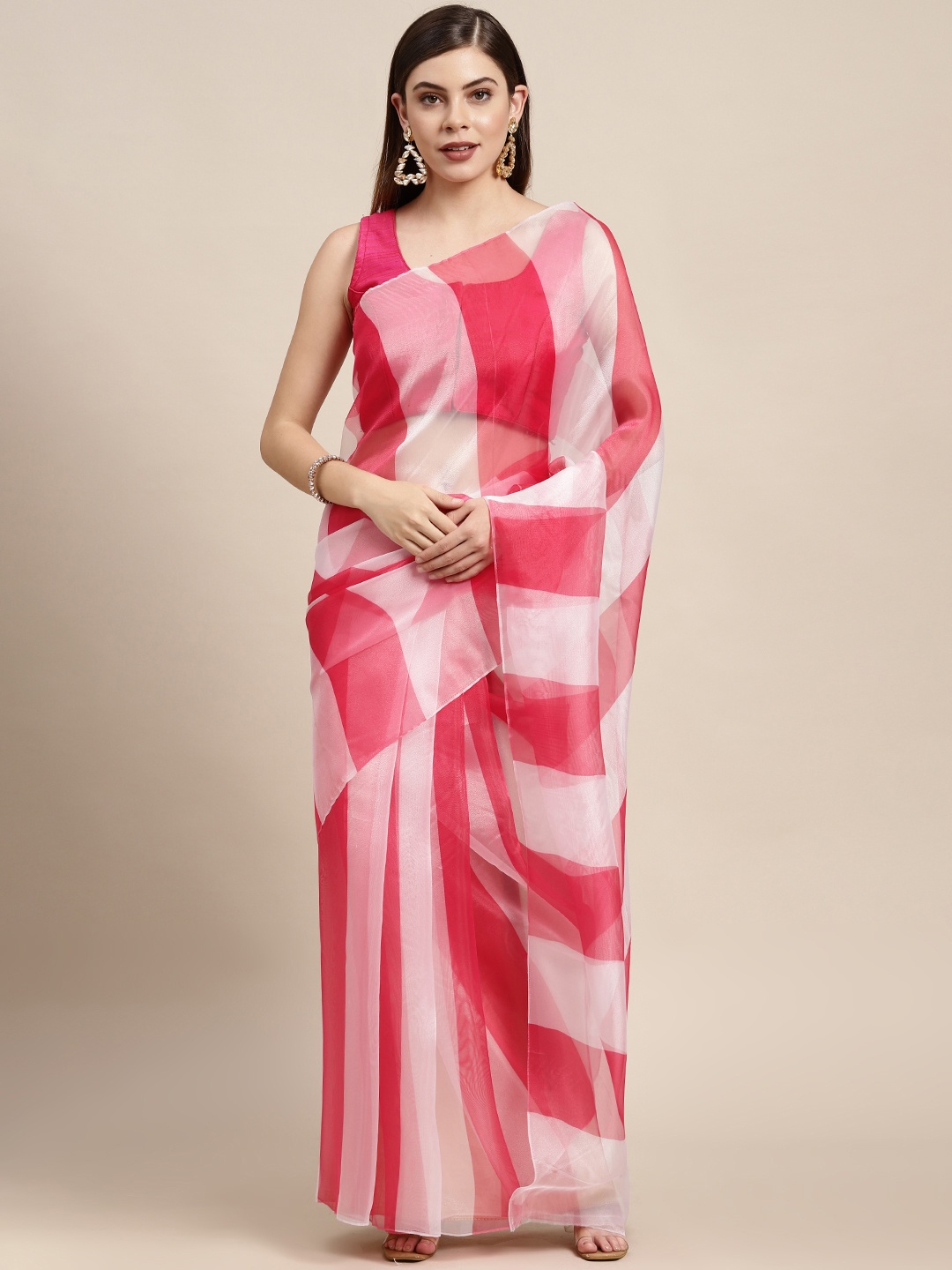 

Mitera Pink & White Striped Organza Saree