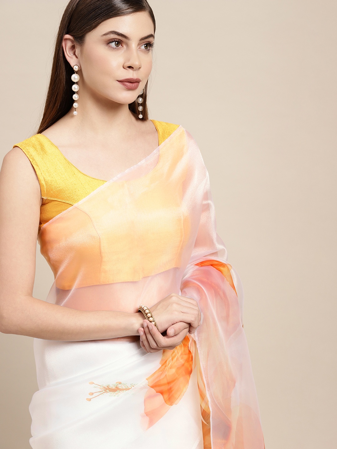 

Mitera White & Orange Floral Organza Saree
