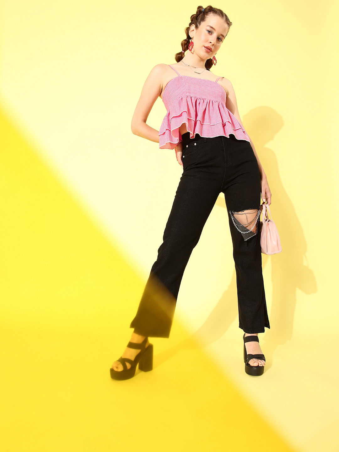 

ANVI Be Yourself Pink & White Checked Crepe Top