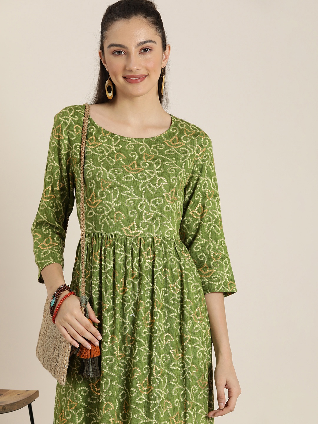 

Sangria Green Printed Ethnic A-Line Dress