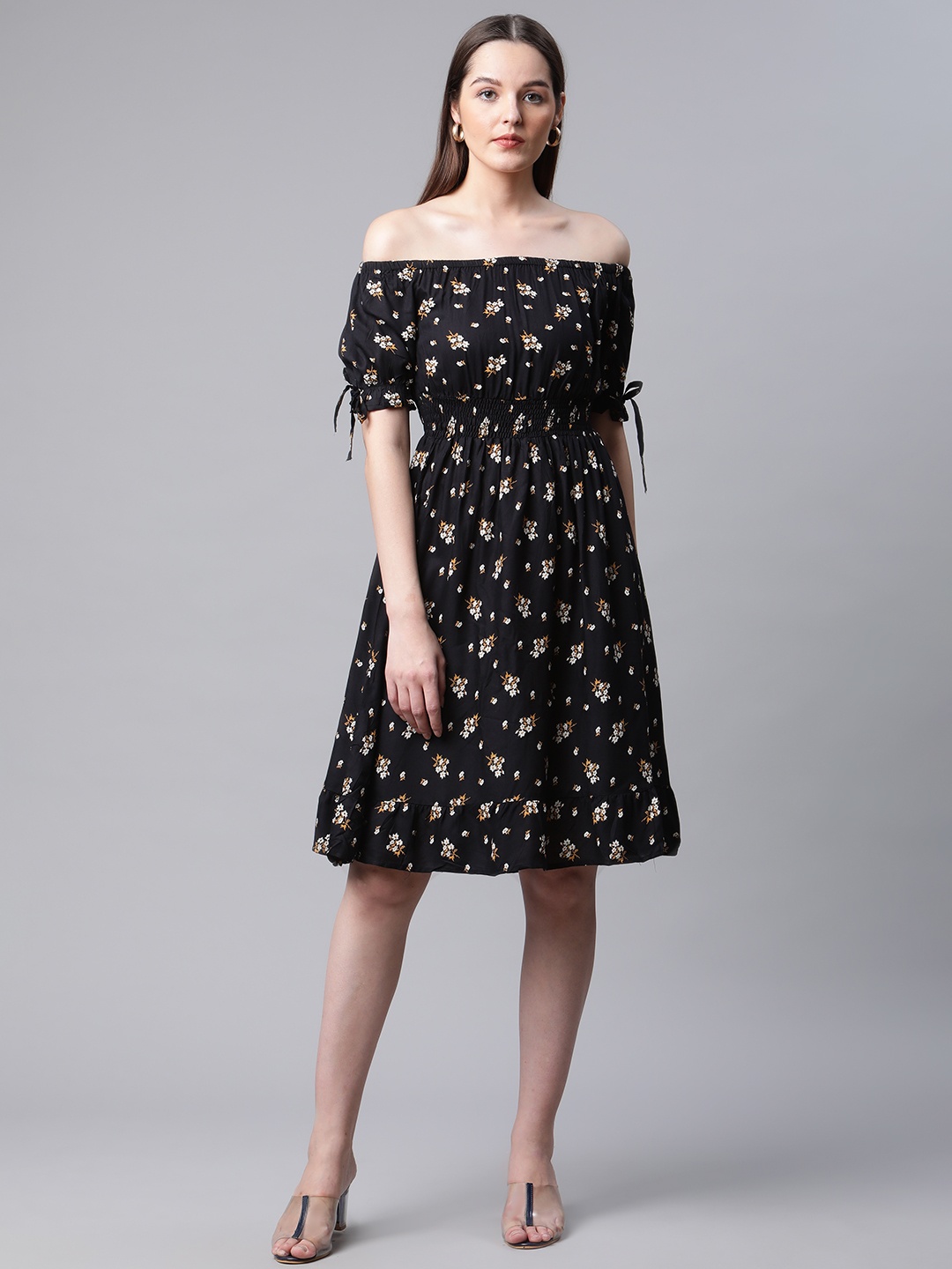 

RIVI Black & White Floral Off-Shoulder Dress