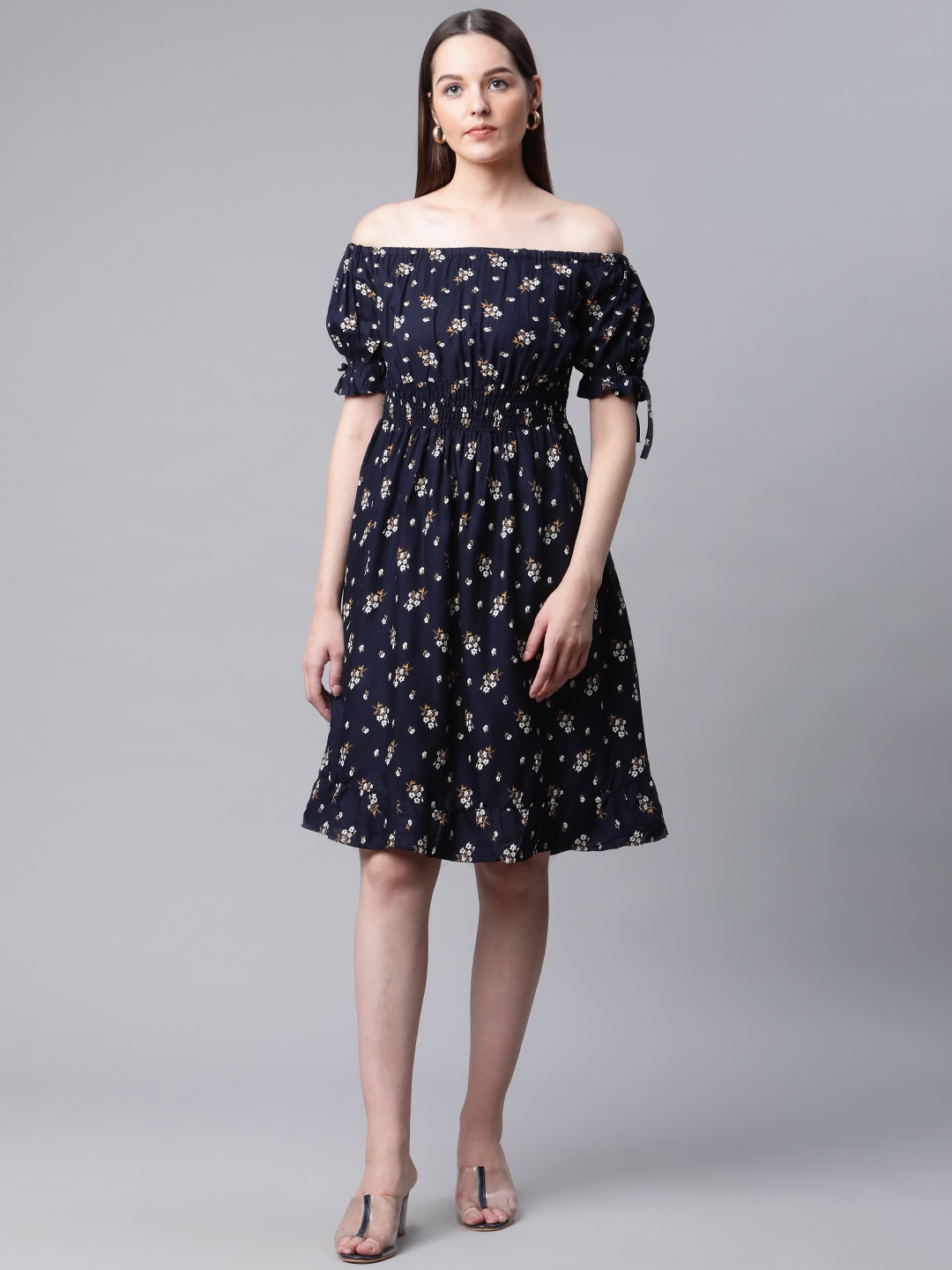 

RIVI Navy Blue & White Floral Off-Shoulder Dress