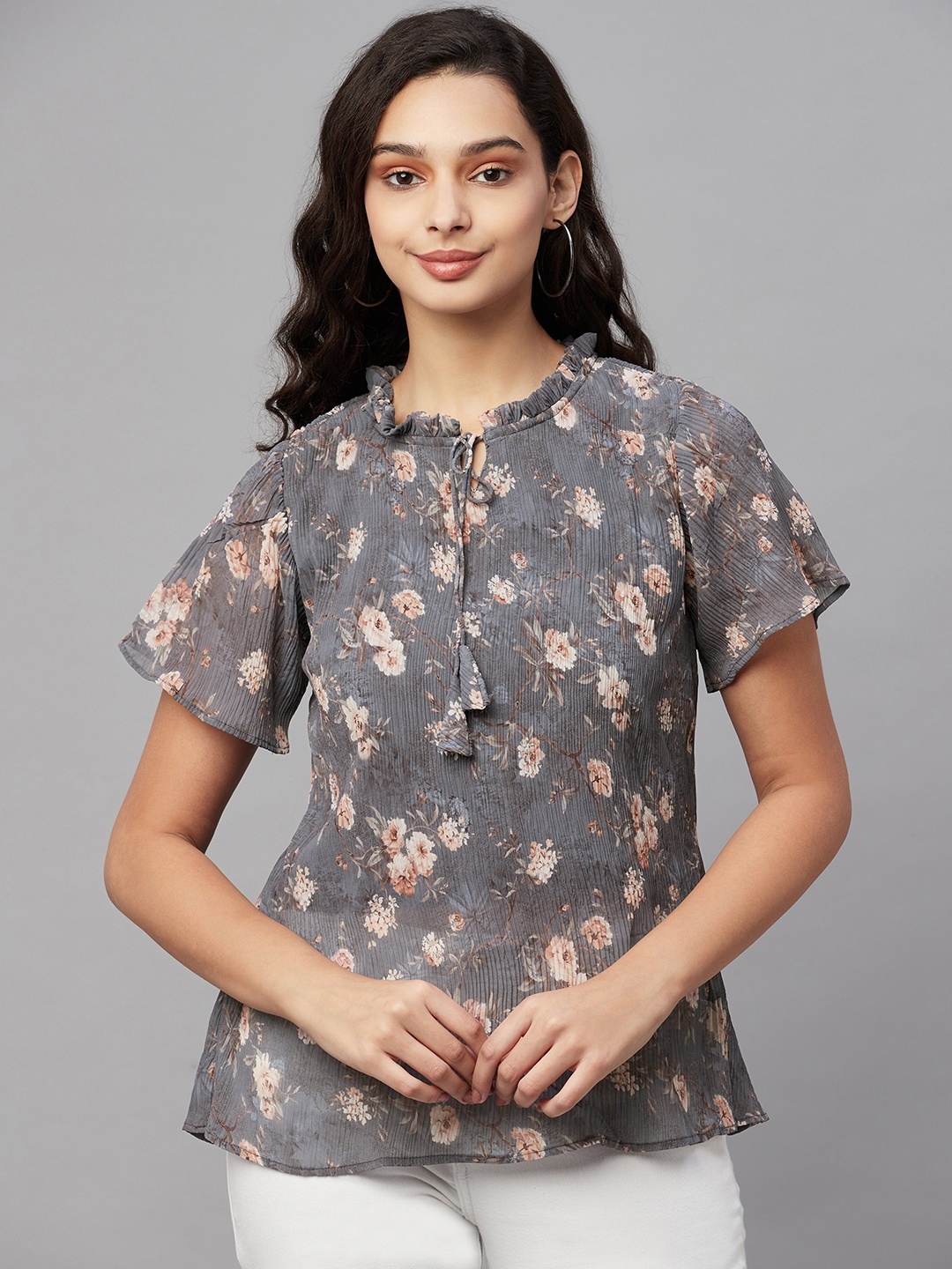 

Myshka Charcoal Grey & Peach-Coloured Floral Print Tie-Up Neck Georgette Top