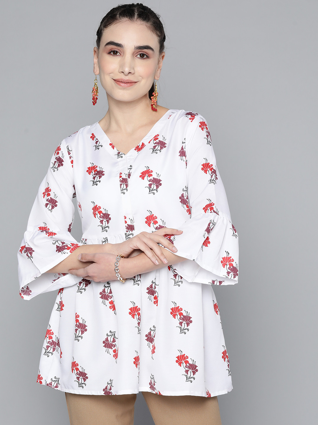 

HERE&NOW White & Red Floral Printed V-Neck Flared Sleeves Kurti
