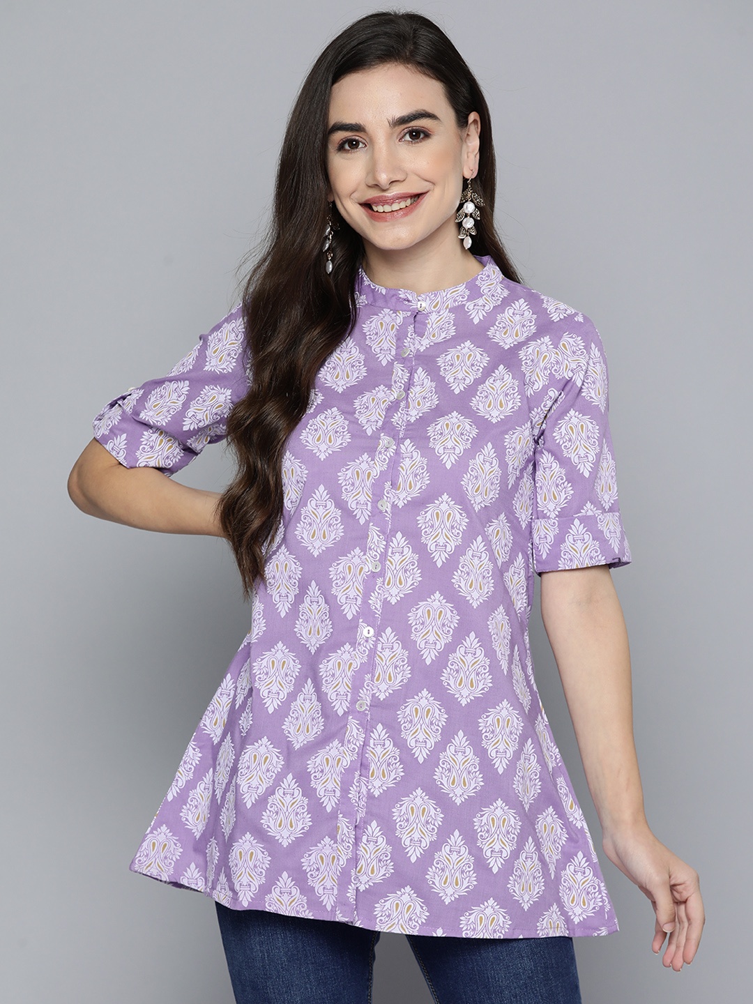 

HERE&NOW Violet & White Ethnic Motifs Printed Pure Cotton Short Kurti