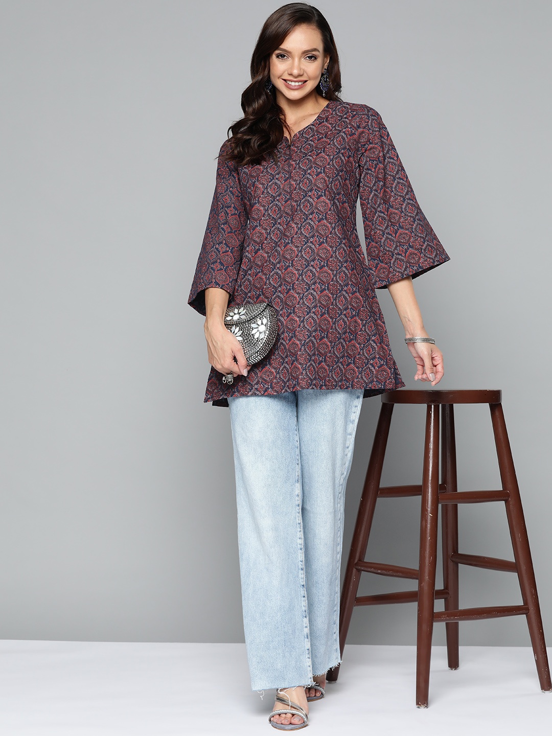 

HERE&NOW Purple & Red Ethnic Motifs Printed Pure Cotton Kurti