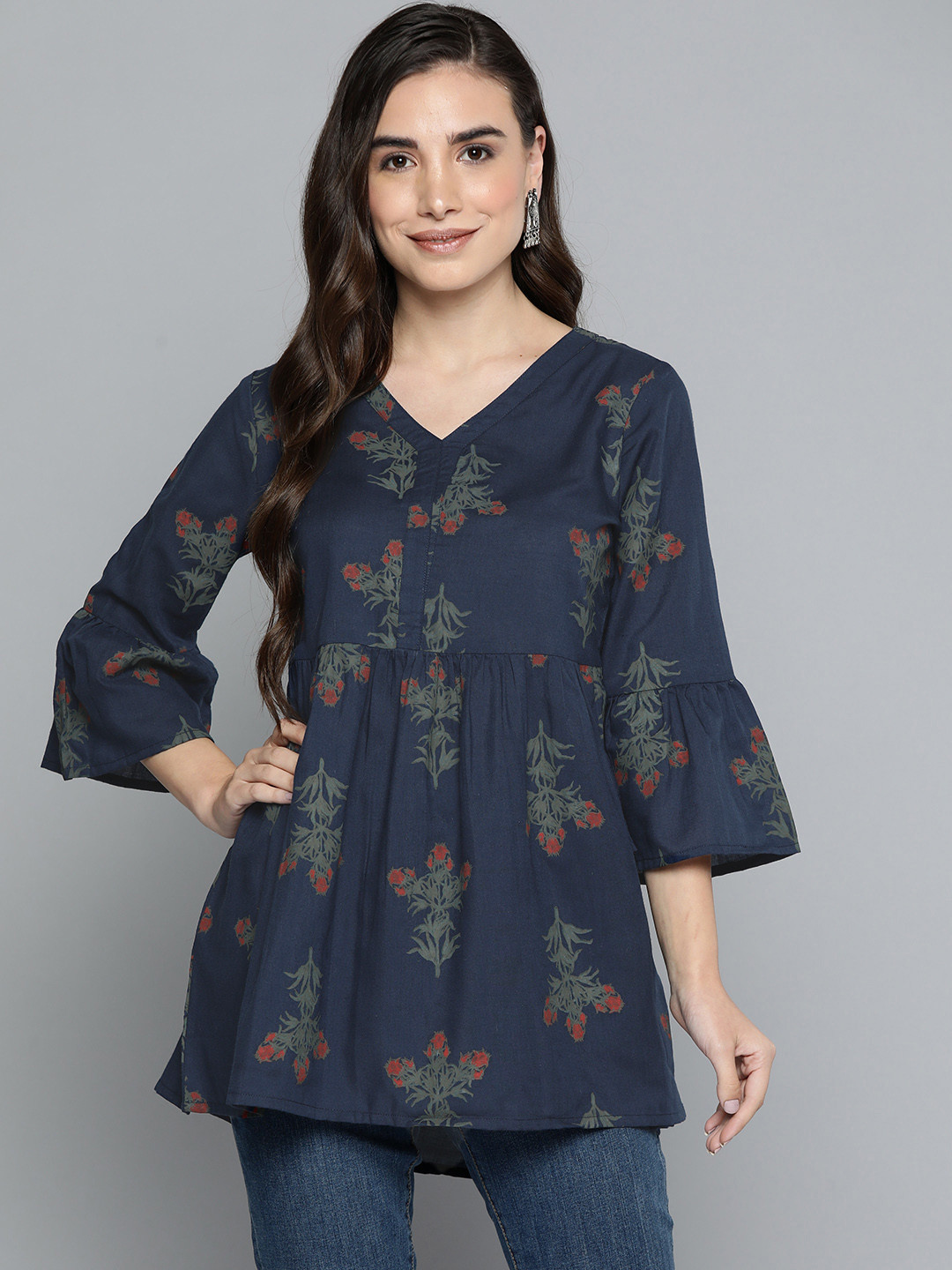 

HERE&NOW Navy Blue & Green Ethnic Motifs Printed V-Neck Flared Sleeves Kurti