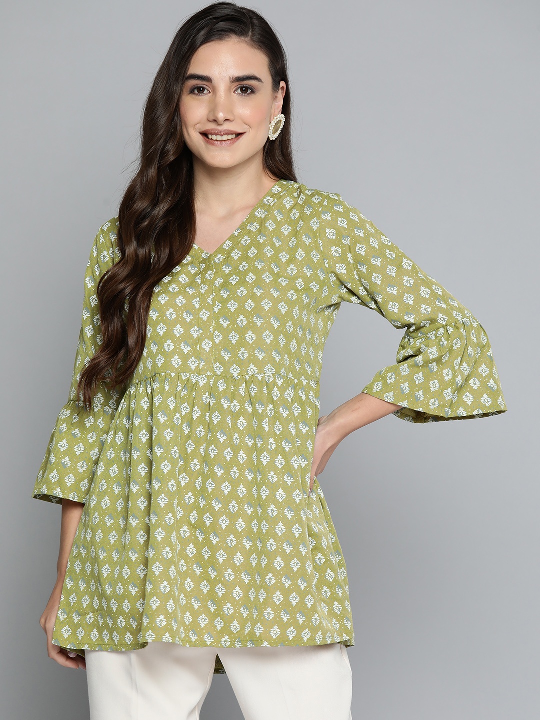 

HERE&NOW Olive Green & White Ethnic Motifs Printed V-Neck Pleated Kurti