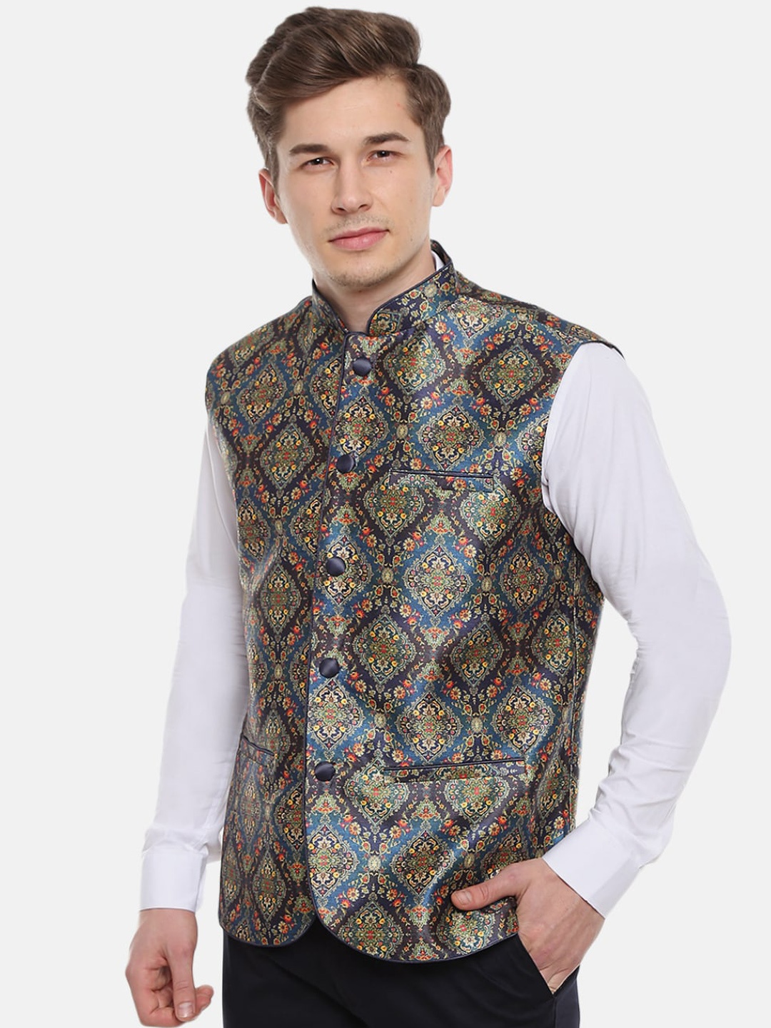 

V-Mart Men Navy Blue Printed Satin Nehru Jacket