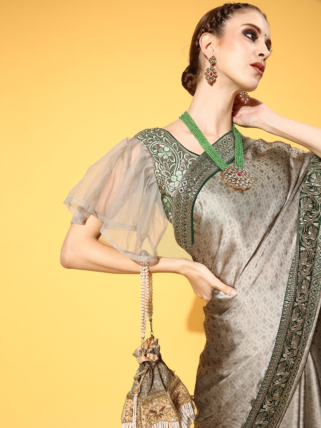 

Chhabra 555 Taupe & Green Jamdani Saree
