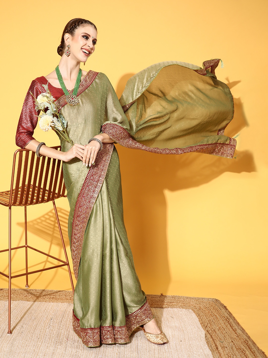 

Chhabra 555 Olive Green & Maroon Zardozi Saree