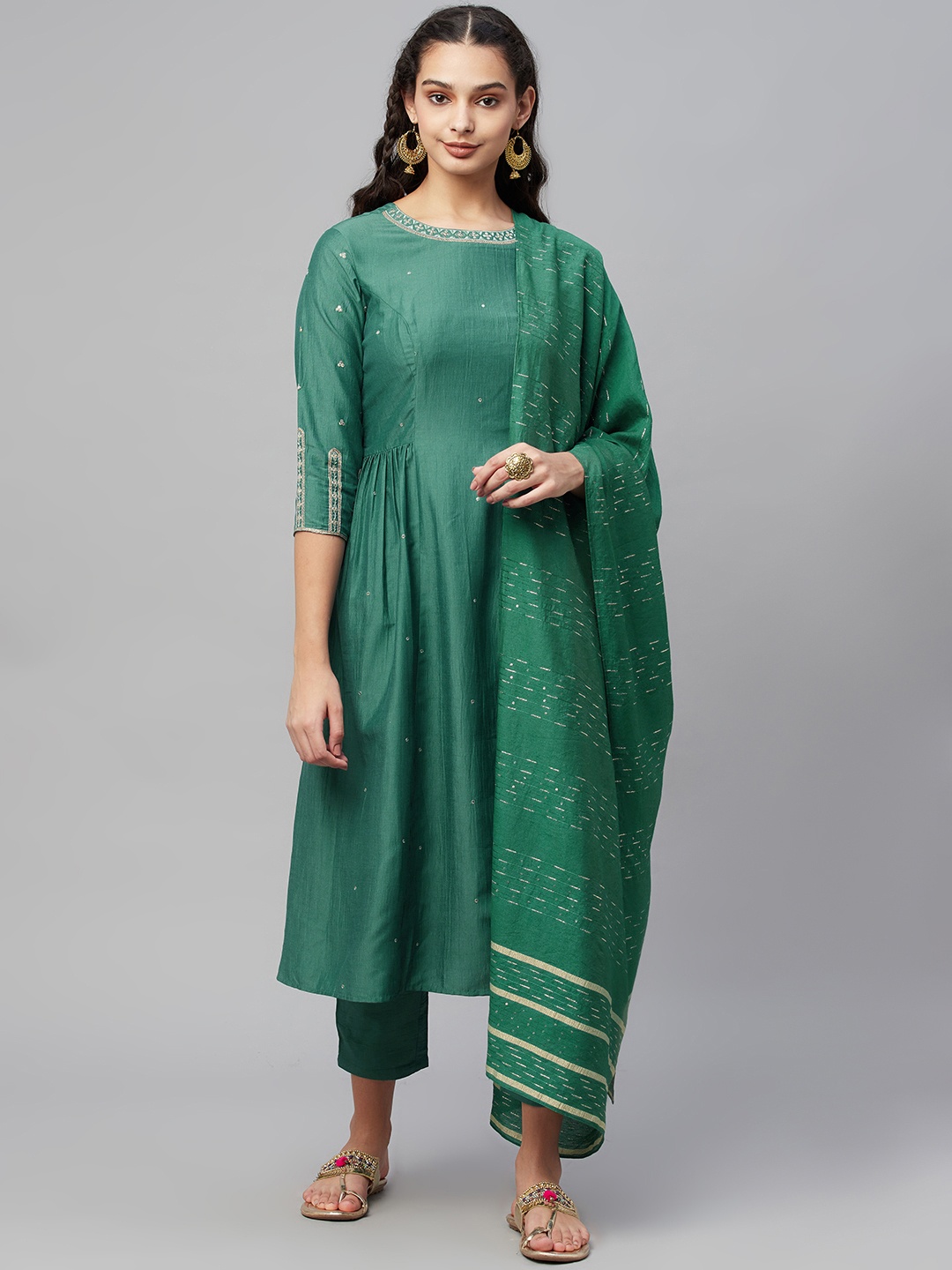 

Myshka Women Teal Green Embroidered Pleated Pure Silk Kurta with Trousers & Dupatta