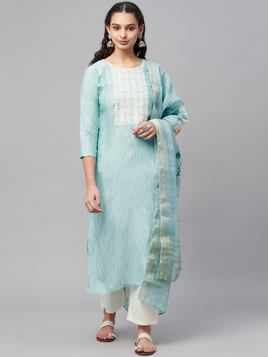 

Myshka Women Turquoise Blue Yoke Design Pure Cotton Kurta with Trousers & Dupatta