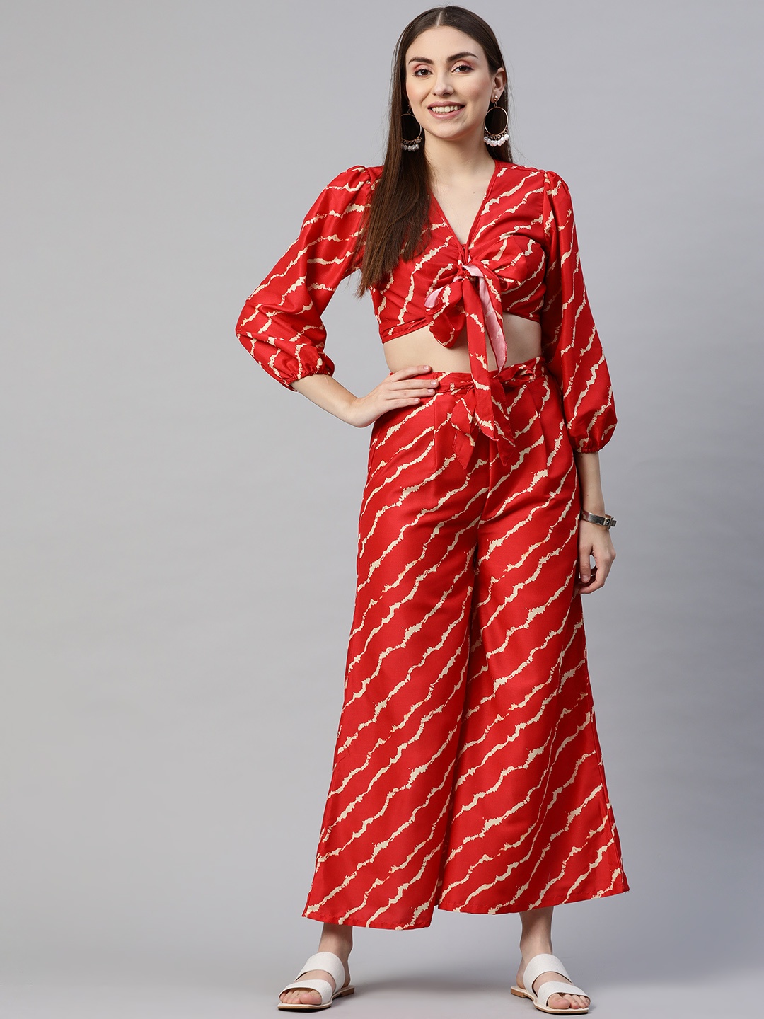 

Myshka Women Orange & Cream-Coloured Lehriya Print Fushion Co-ords