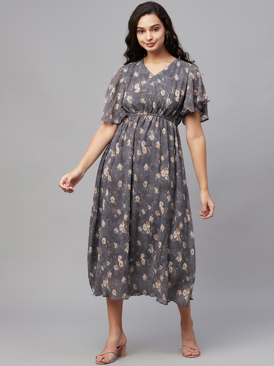 

Myshka Charcoal Grey & Beige Floral Flutter Georgette Midi Dress