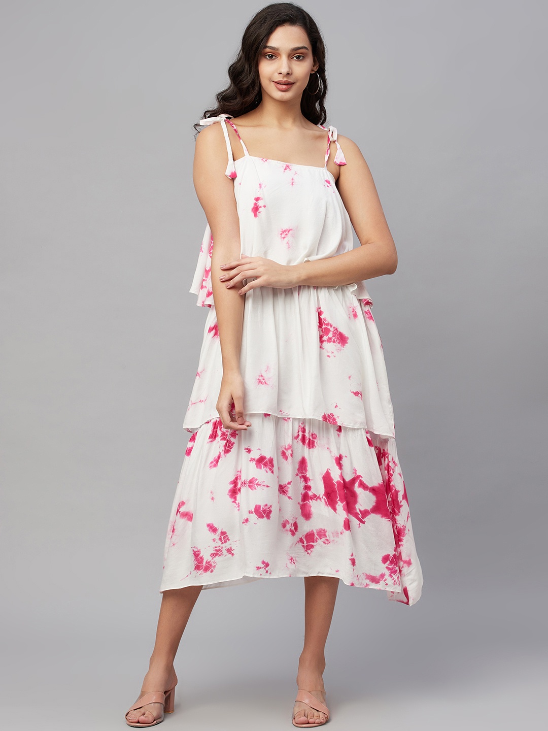 

Myshka White & Pink Tie and Dye Layered A-Line Midi Dress