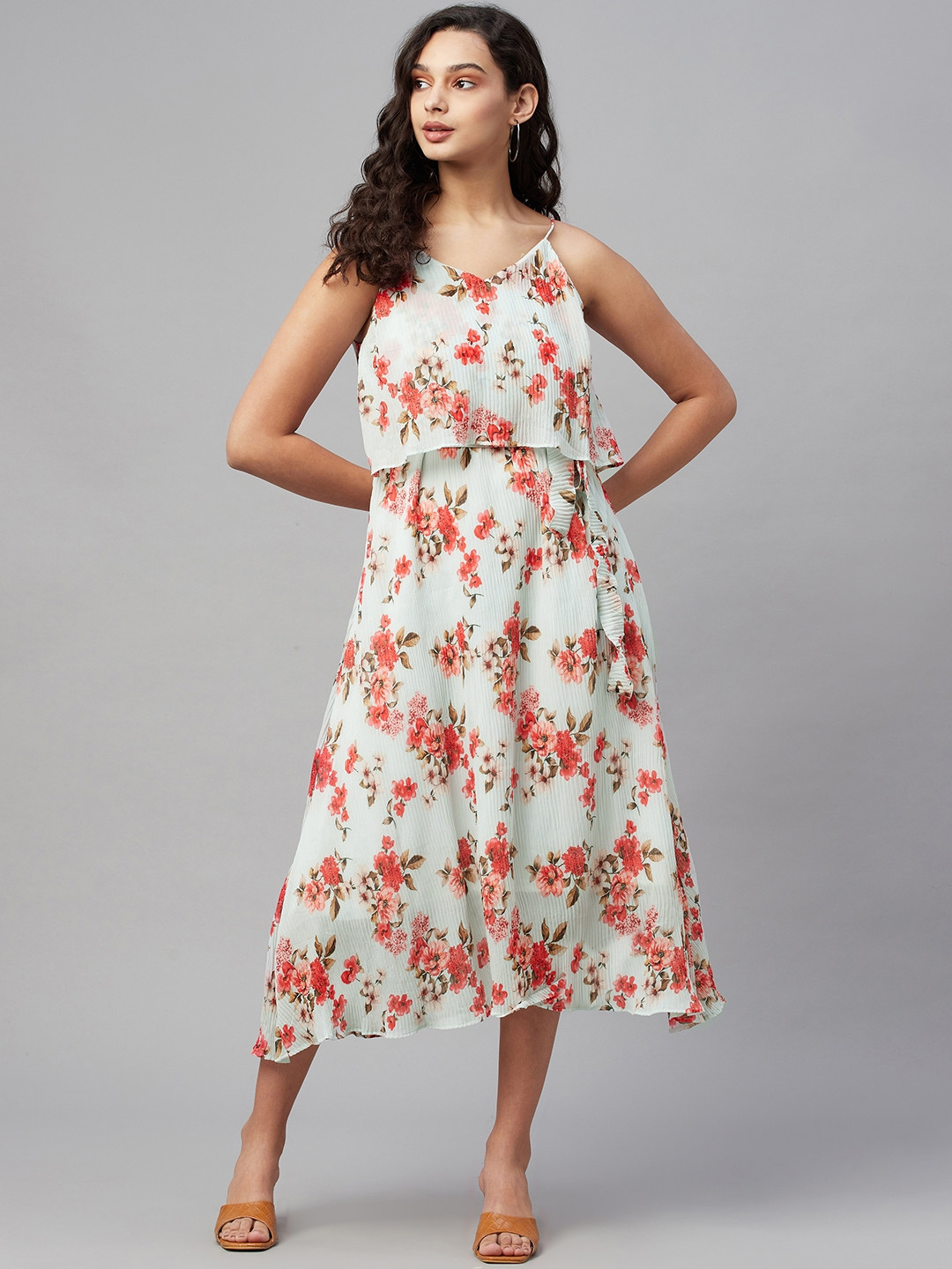 

Myshka White & Peach-Coloured Floral Georgette A-Line Midi Dress