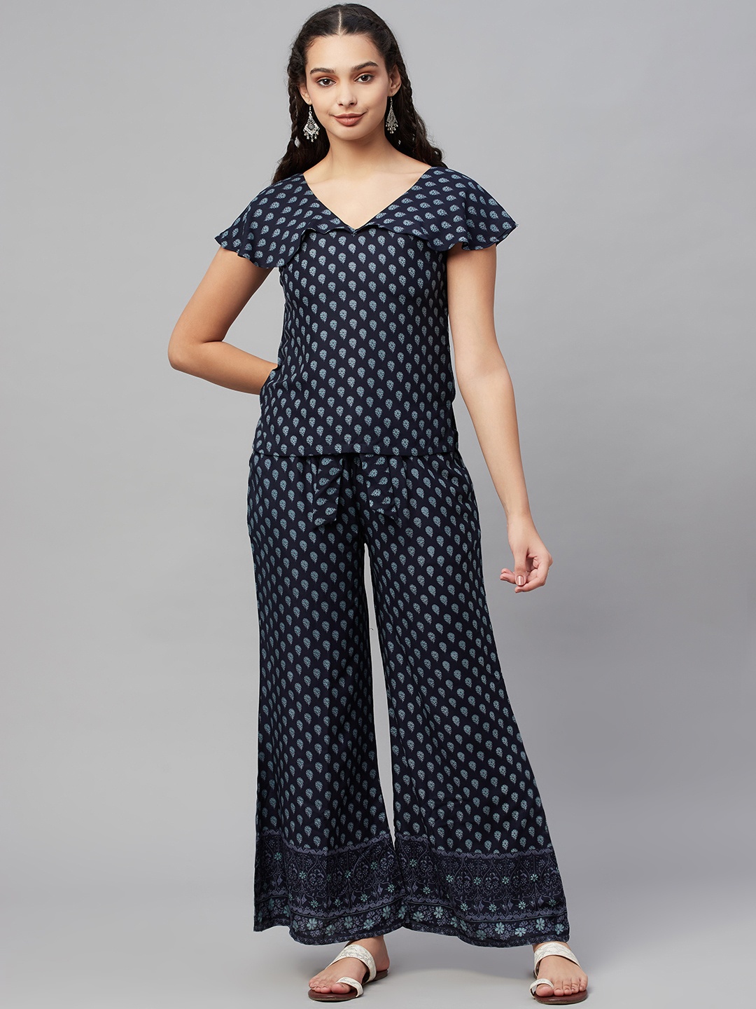 

Myshka Women Navy Blue Ethnic Motifs Printed Pure Cotton Top with Palazzos