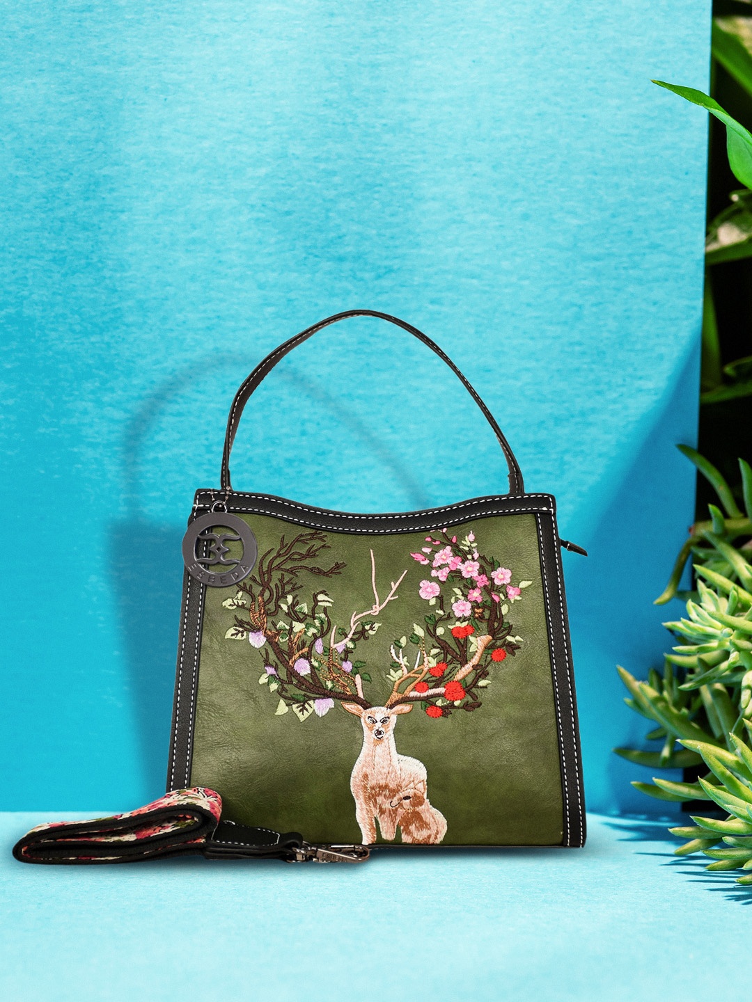 

ESBEDA Green Floral PU Structured Handheld Bag