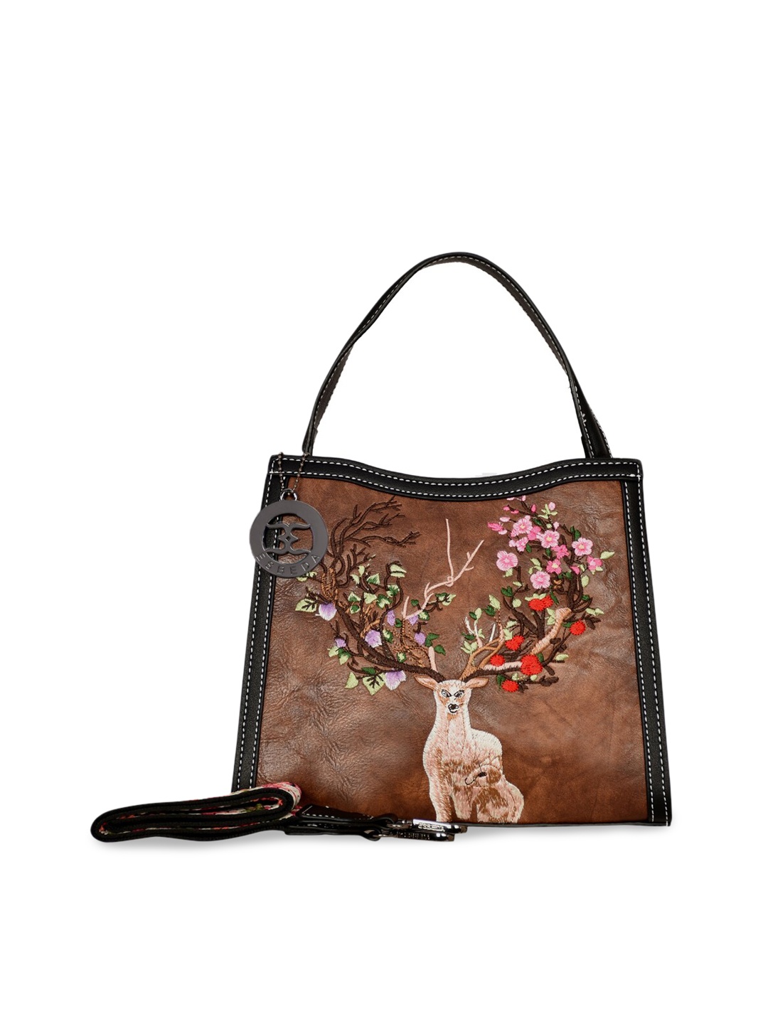 

ESBEDA Brown Floral PU Structured Handheld Bag