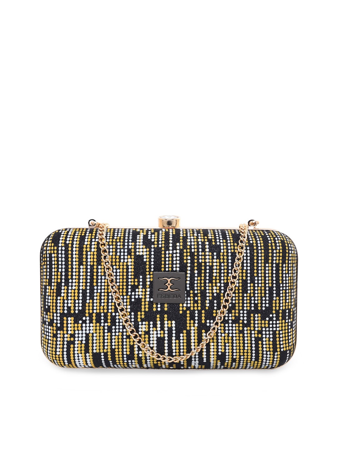 

ESBEDA Yellow & Black Printed Embellished Box Clutch