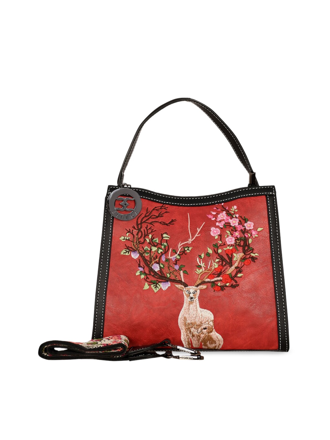 

ESBEDA Red Floral Embroidered Dear PU Shopper Handheld Bag