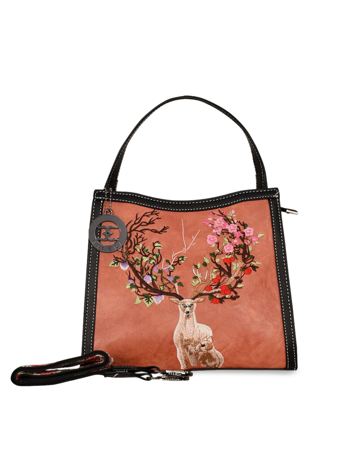 

ESBEDA Peach-Coloured Floral PU Structured Handheld Bag
