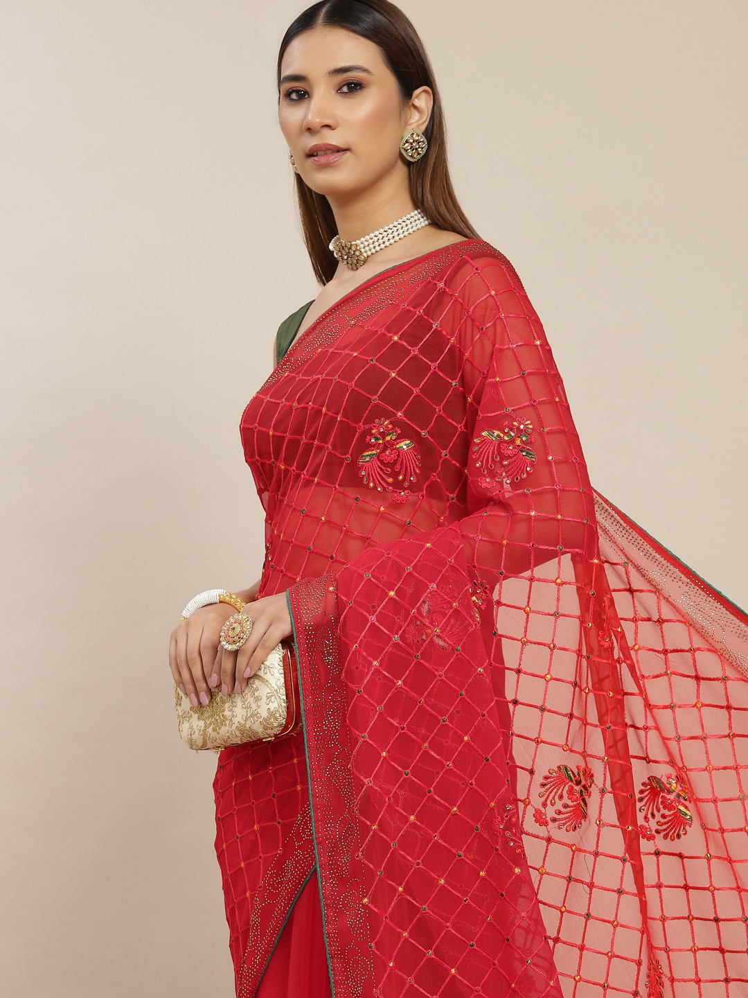 

Chhabra 555 Red Embroidered Beads and Stones Heavy Work Saree