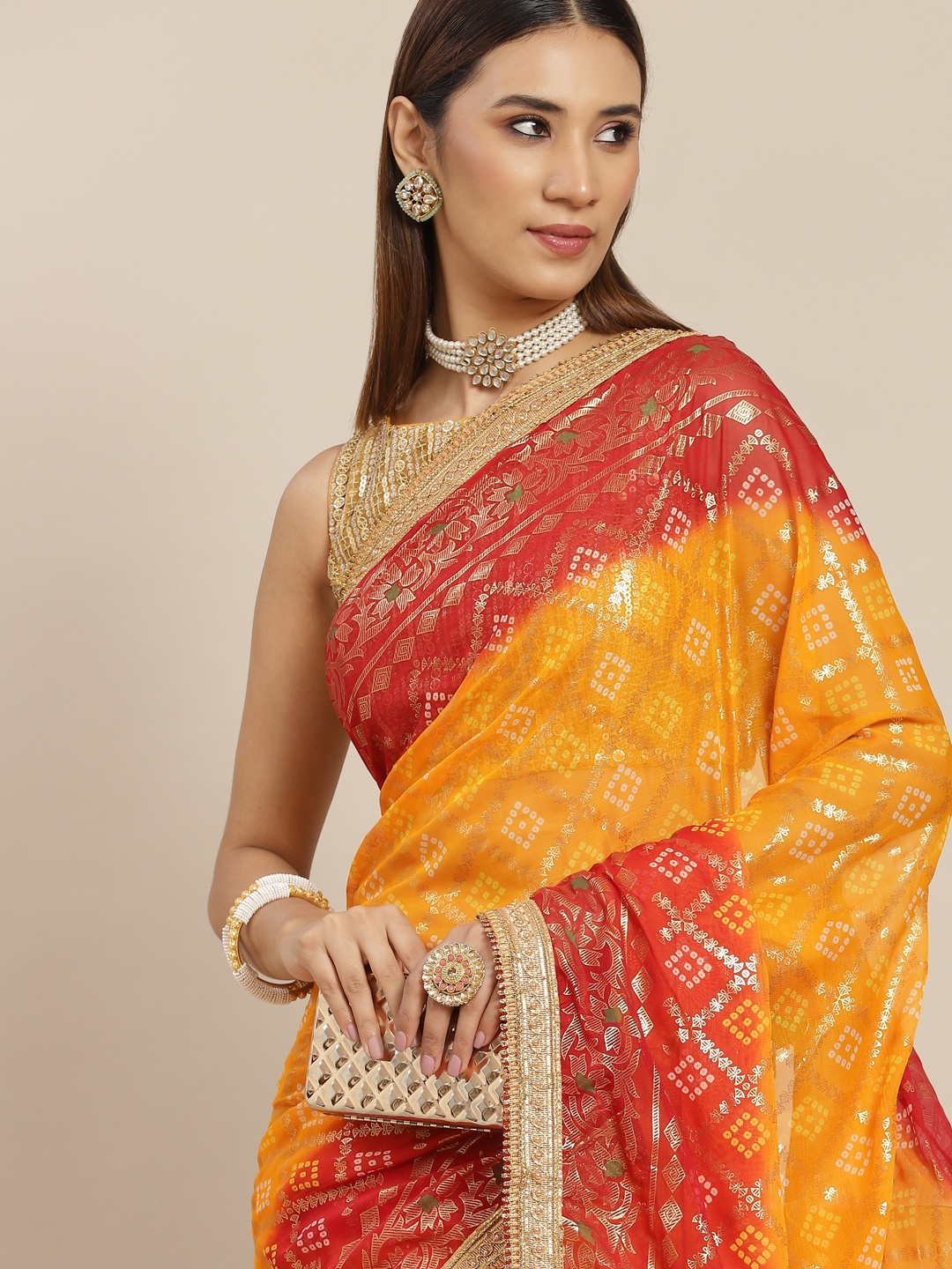 

Chhabra 555 Mustard & Red Bandhani Beads and Stones Poly Georgette Bandhani Saree