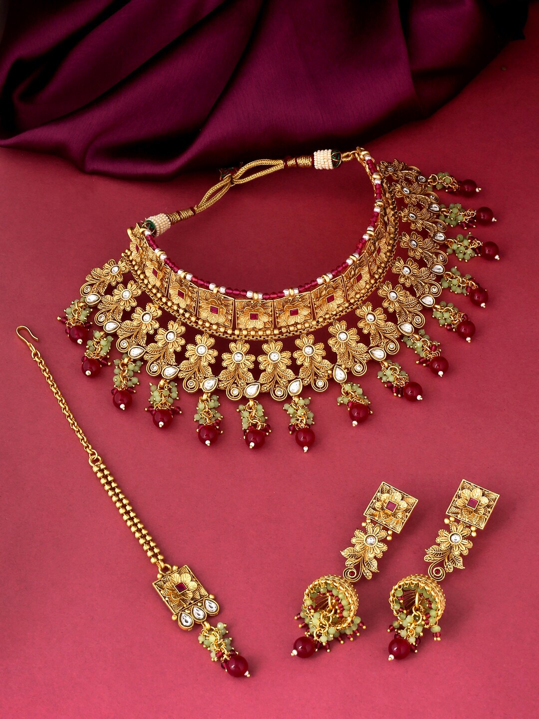 

VIRAASI Gold-Plated Red Kundan & Stone-Studded Jewellery Set