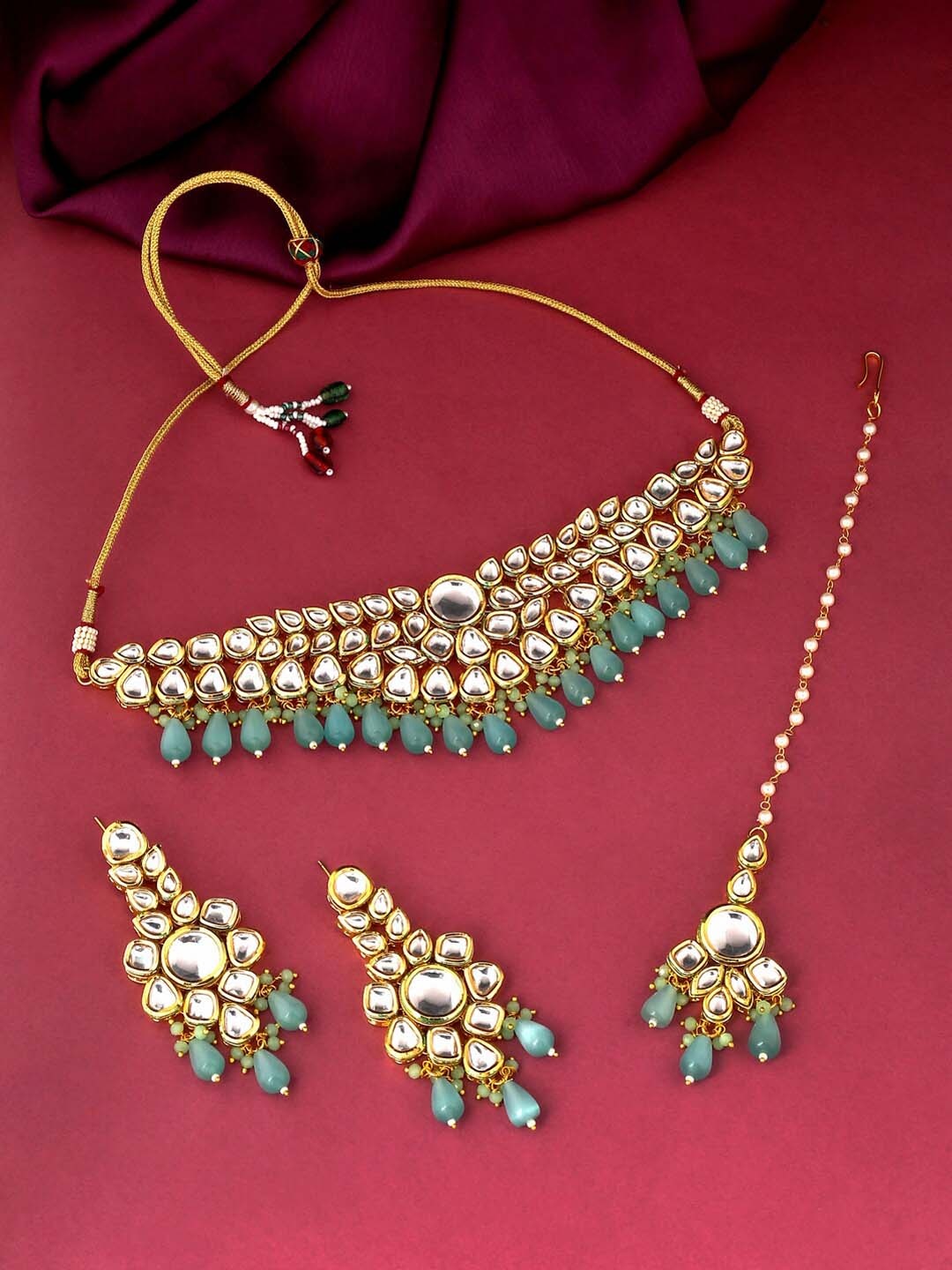 

VIRAASI Gold-Plated Green & White Kundan Stone Studded & Beaded Jewellery Set