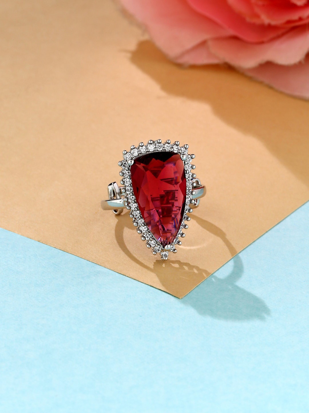 

VIRAASI Red Silver-Plated CZ Studded Adjustable Finger Ring