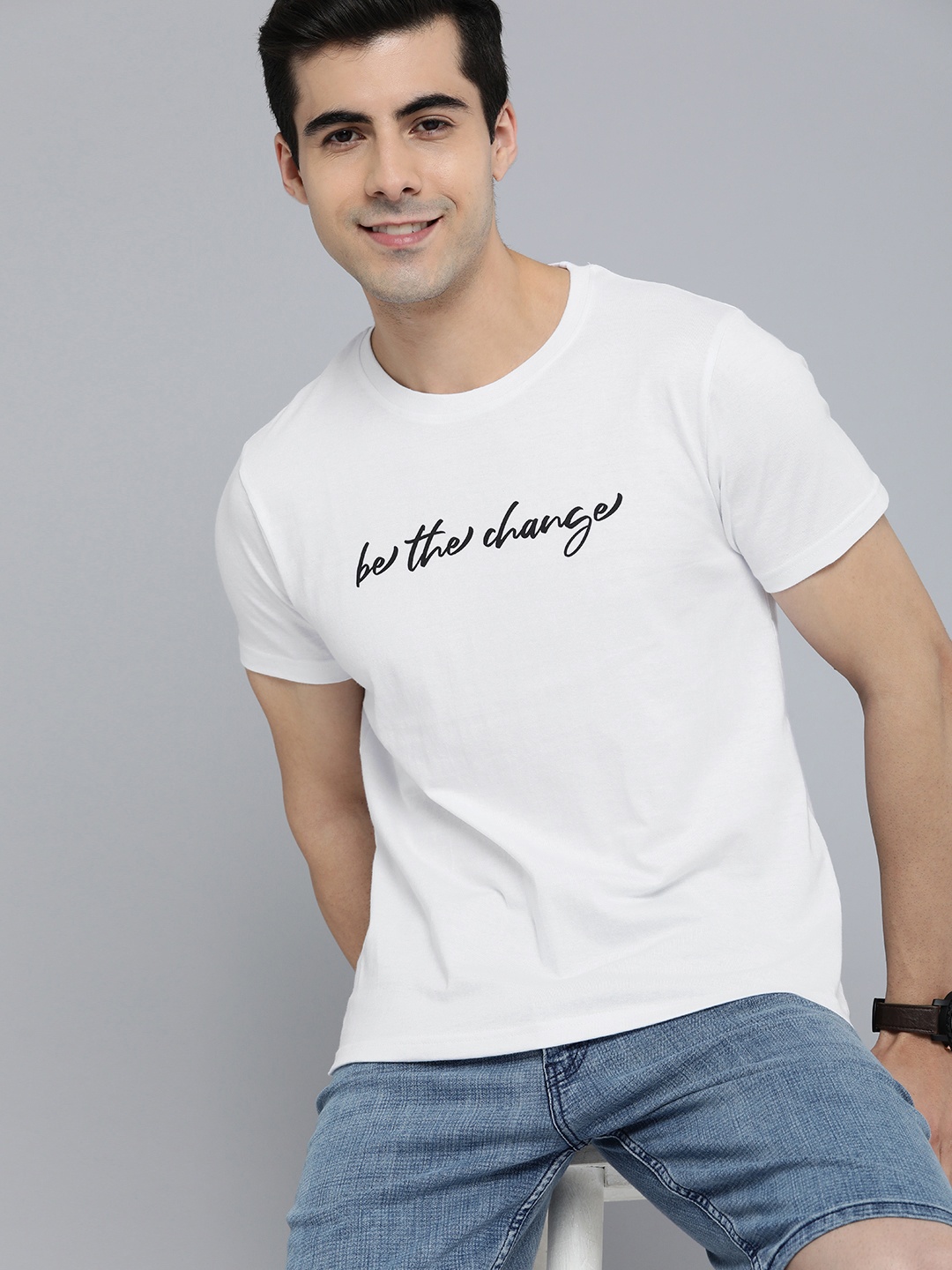 

HERE&NOW Men White Typography Printed Pure Cotton T-shirt