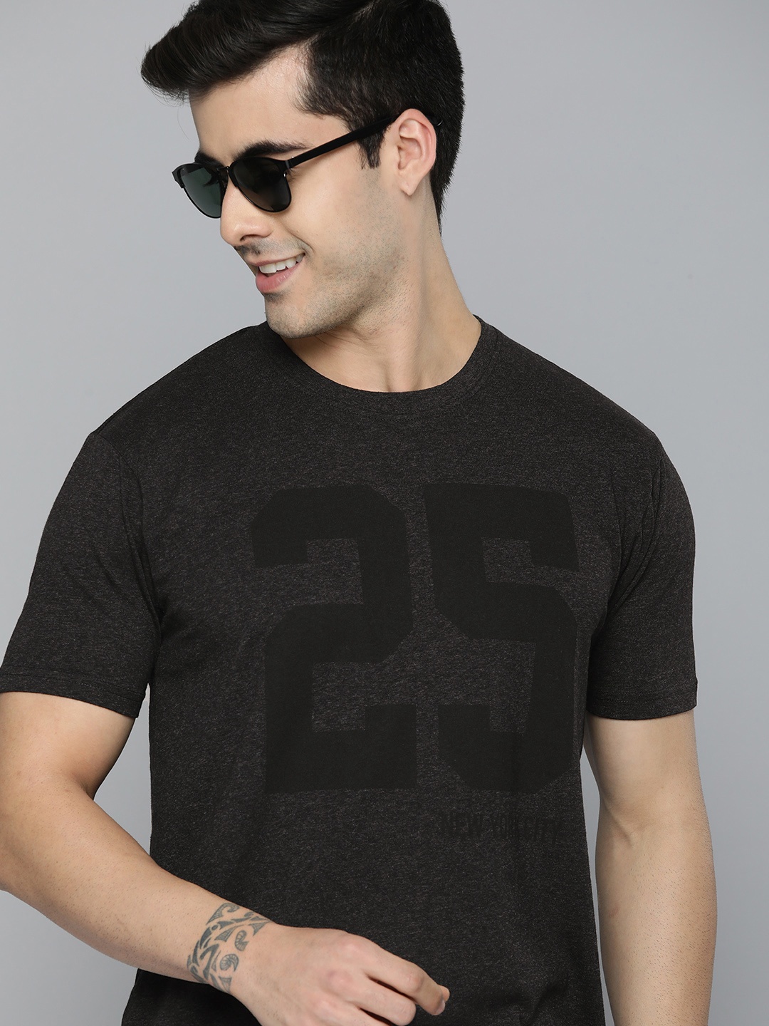 

HERE&NOW Men Charcoal Varsity Printed Round-Neck Casual T-shirt