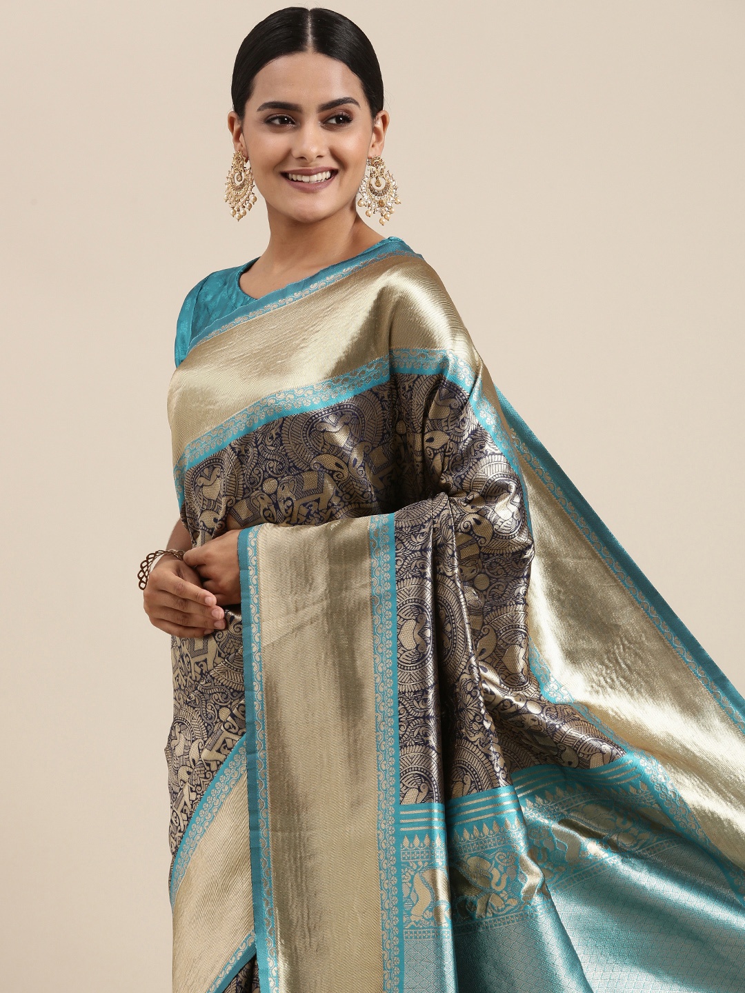 

DIVASTRI Navy Blue & Golden Ethnic Motifs Woven Design Banarasi Saree