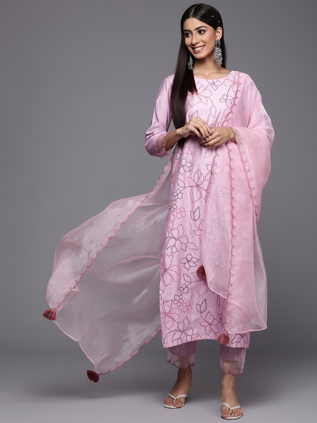 

Indo Era Women Lavender Floral Embroidered Sequinned Liva Kurta with Trousers & With Dupatta