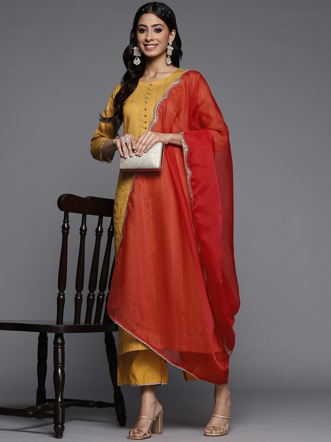 

Indo Era Women Mustard Yellow Striped Liva Kurta with Palazzos & Dupatta