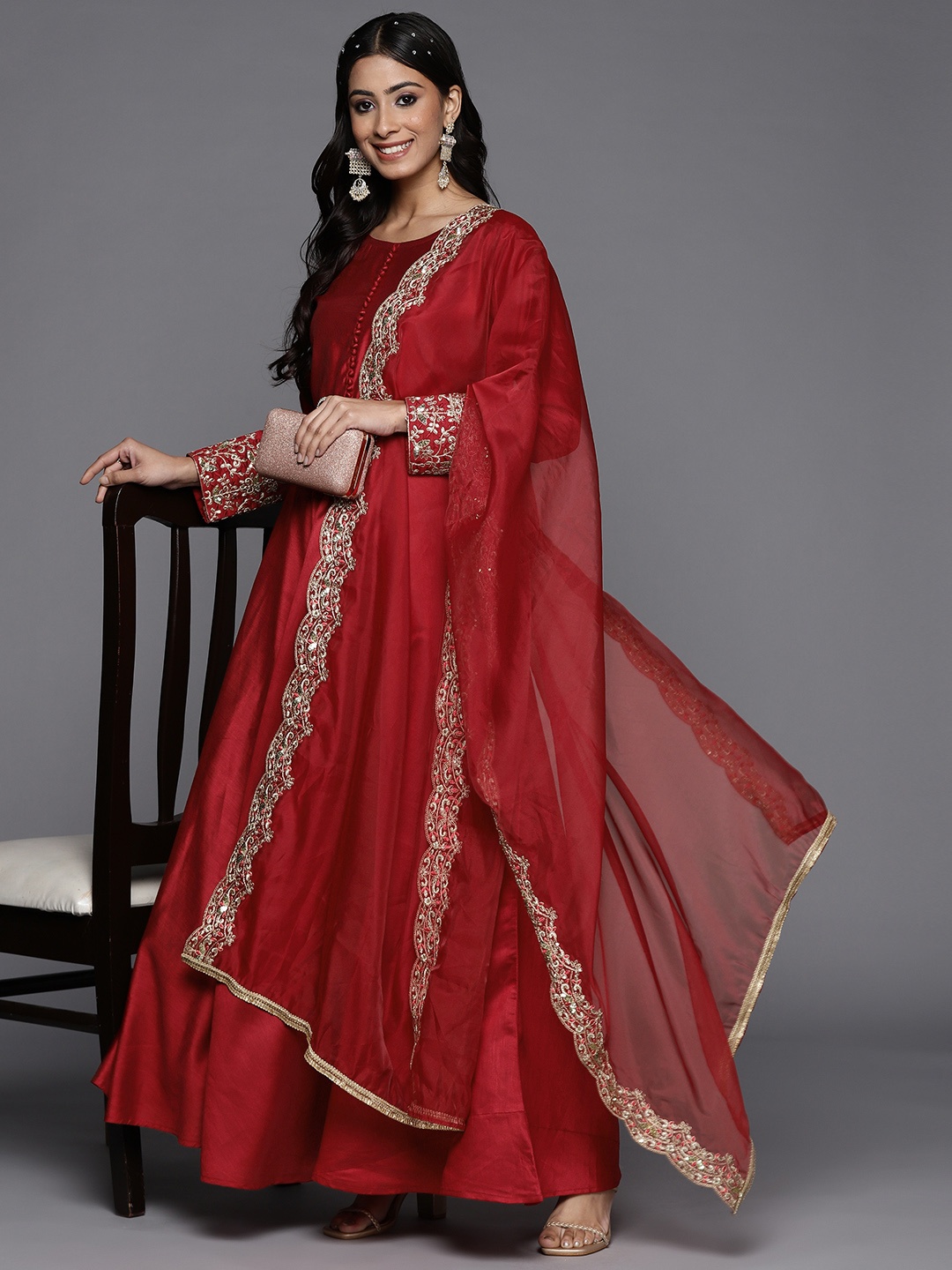 Indo Era Women Red Embroidered Detail Liva Kurta with Trousers 