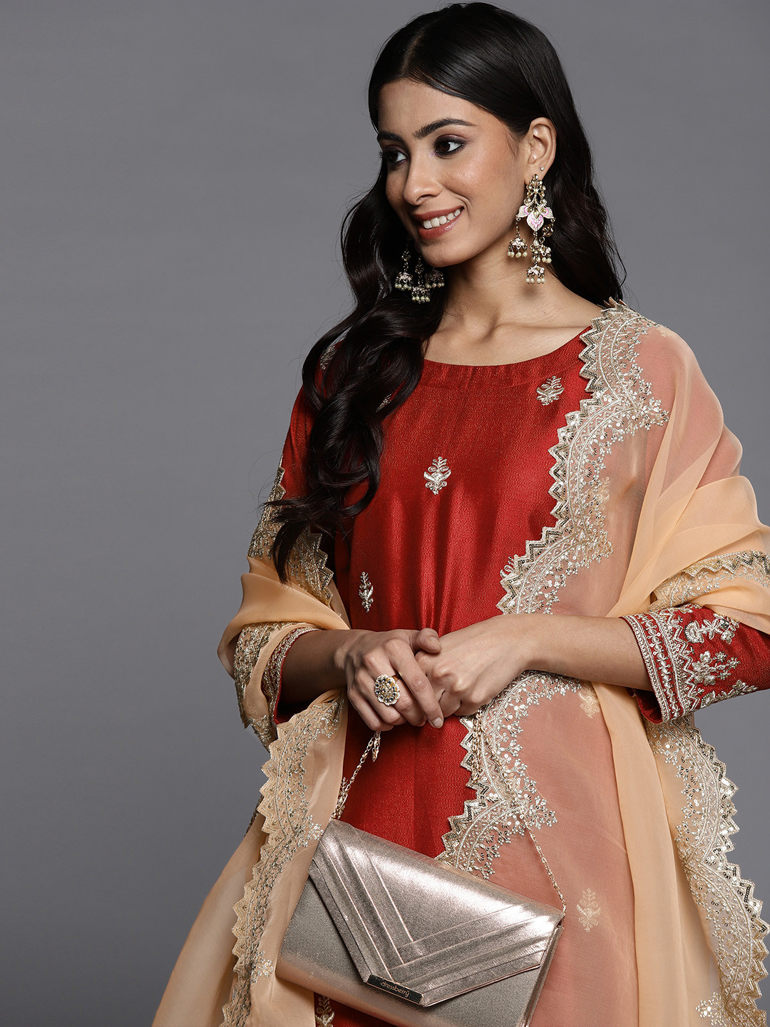 

Indo Era Women Red Ethnic Motifs Embroidered Sequinned Kurta with Palazzos & Dupatta