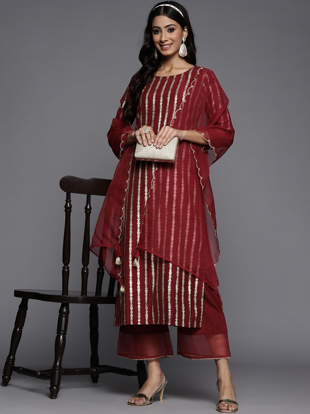 

Indo Era Women Maroon Ethnic Motifs Printed Kurta with Palazzos & Dupatta