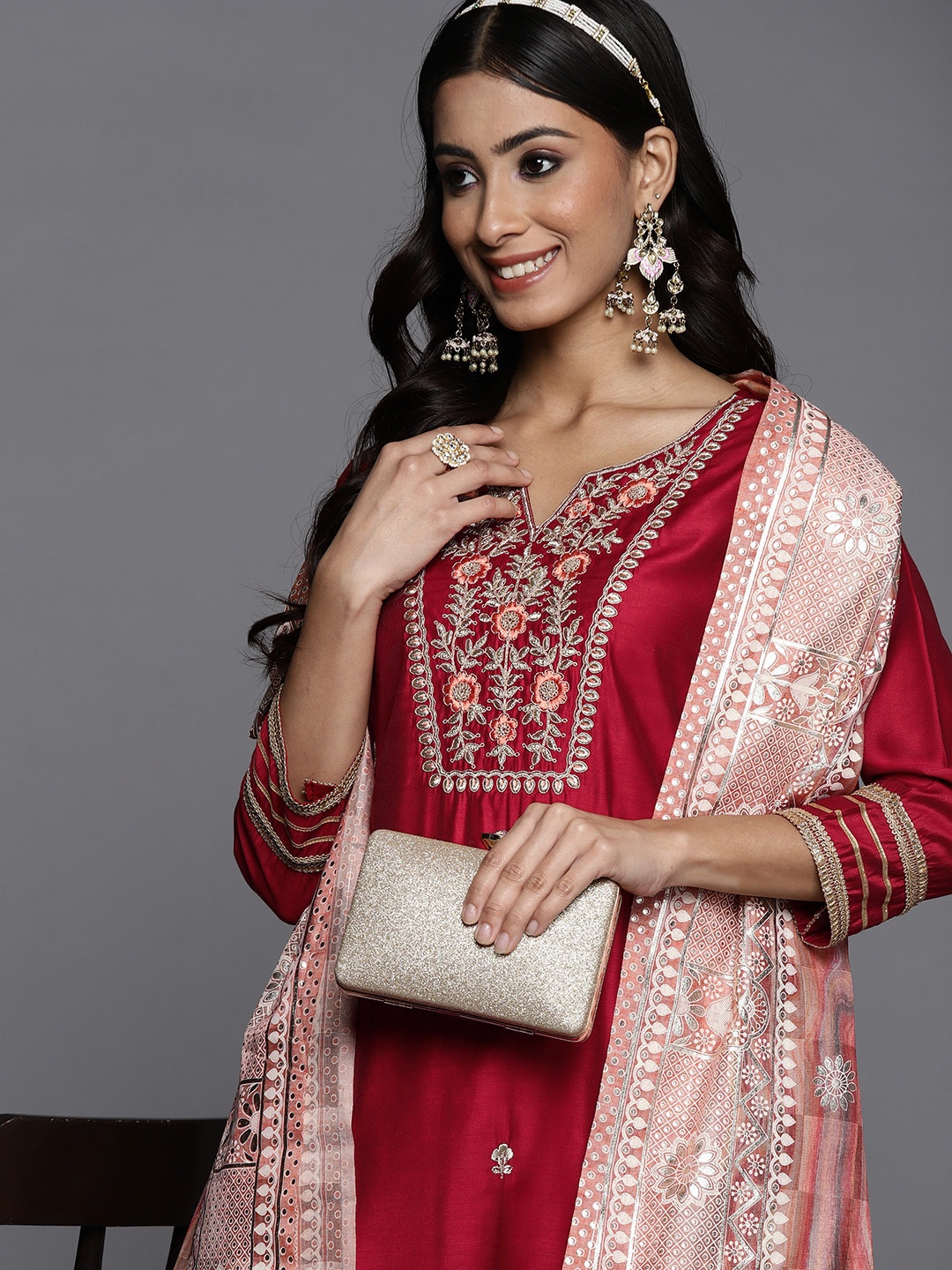 

Indo Era Women Red Ethnic Motifs Embroidered Liva Kurta with Trousers & Dupatta