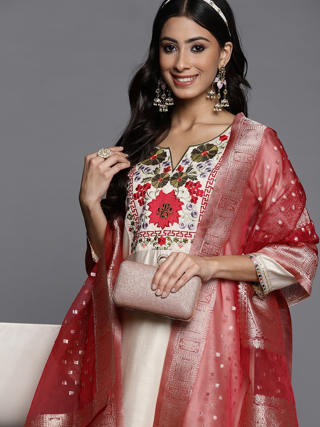 

Indo Era Women Off White Yoke Design Embroidered Liva Kurta with Palazzos & Dupatta