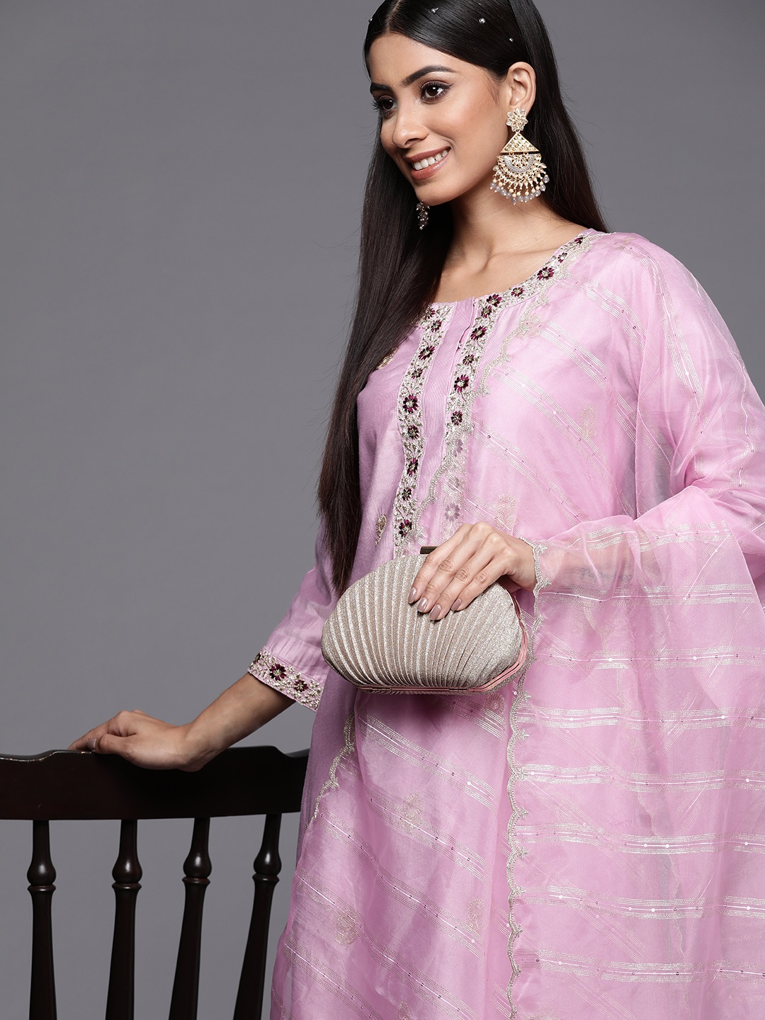 

Indo Era Women Lavender Ethnic Motifs Embroidered Sequinned Liva Kurta with Trousers & With Dupatta