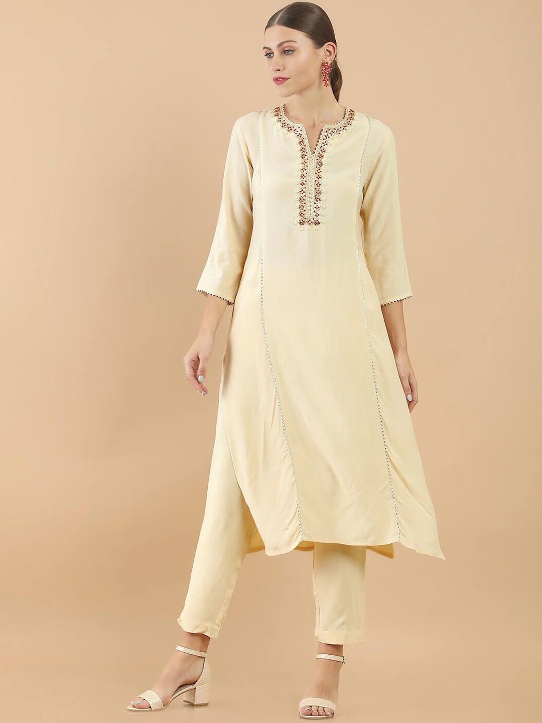 

Soch Women Beige Floral Yoke Design Panelled Kurti with Trousers & With Dupatta