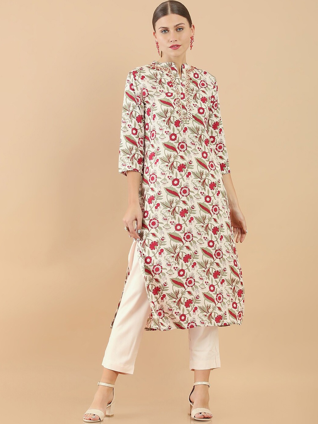 

Soch Women Off White Chanderi Kurti Suit With Floral Designs, Grey
