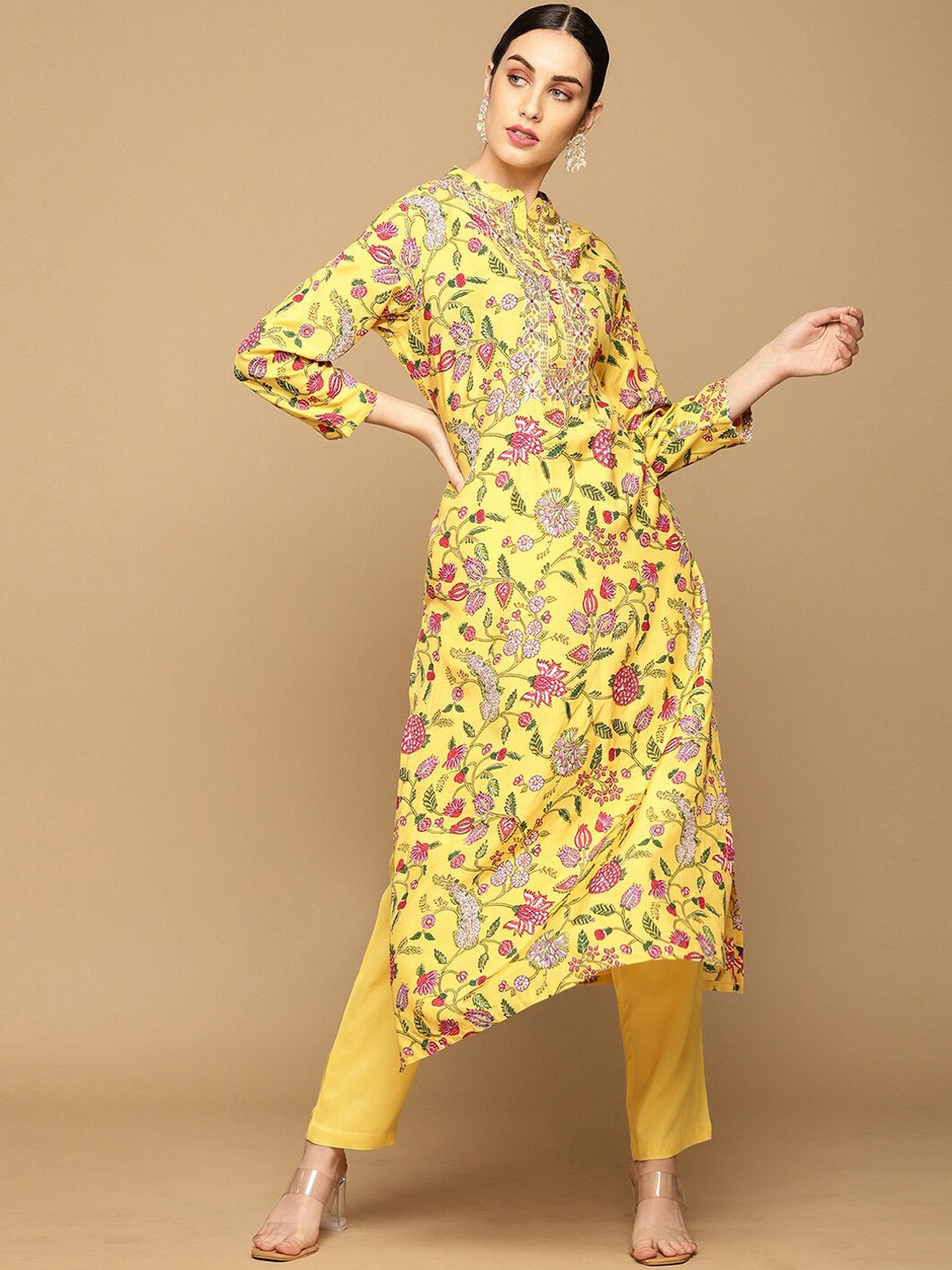 

Soch Women Mustard Yellow Floral Designs Printed Chanderi Cotton Kurta with Trousers
